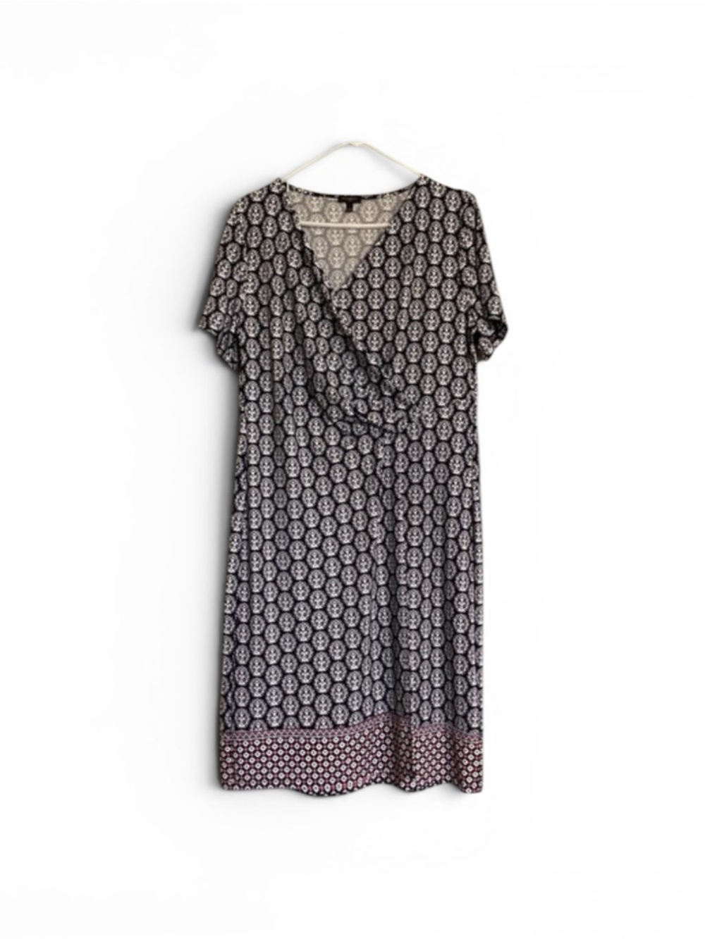 Talbots Black and White Printed Short-Sleeve Wrap Dress with Contrasting Hem